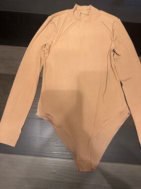 Long Sleeve Mock Neck One-Piece Bodysuit in Camel